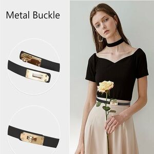 Adjustable Skinny Leather Belt Black Gold Tone Buckle